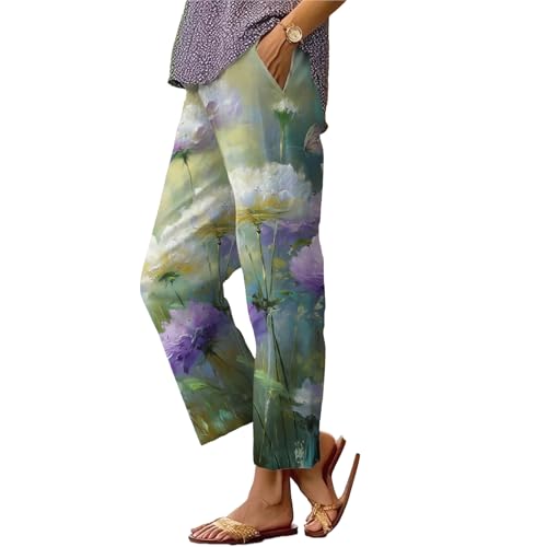 Womens Floret Pants Butterfly Floral Oil Painting Print Causal Trousers Summer Elastic Waist Pants Lightweight