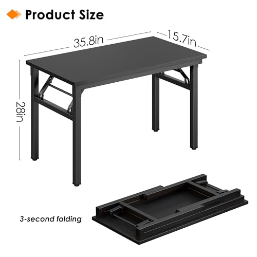 Image of Need 35.8 Inch Folding Desk for Small Spaces, Home Office Computer Desk with Wood Top & Black Frame, Foldable Writing Table for Study, Bedroom, Dorm Room & Student, Black