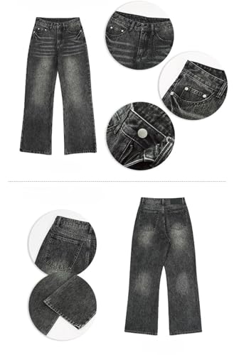 Hndudnff Men Straight Jeans with Pockets Y2k Wide-Leg Pants Street Wide-Leg Pants Denim Trousers4