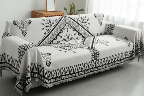 Image of The Furnishing Tree Reversible Double Sided Chenille Throw Sofa Cover, Anti-Slip Couch Cover, Comfy Sofa Towel for All Seasons, 3 Seater, Bohemian-style geometric and floral black & cream