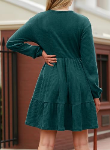 Image of Dokotoo Womens Dresses Long Sleeve V Neck Lightweight Ribbed Knit Empire Waist Casual A Line Swing Mini Dress