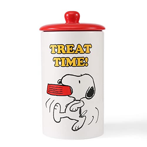 Peanuts for Pets Snoopy Treat Time! Dog Treat Jar | 10 x 5 Snoopy Treat Time Ceramic Dog Treat Jar with Lid, Dishwasher Safe Peanuts Red and White Dog Food Storage Cylinder, (FF17835)