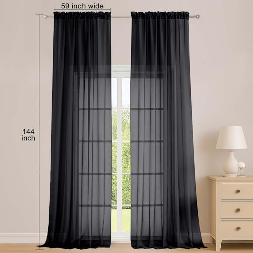 Image of OWENIE Extra Long Black Sheer Curtains 144 inch 2 Panels Set, Translucent Backdrop Window Scarf Drapes for Canopy Bed /Wedding /Living Room /Anniversary, 12FT Length, Each 59Wx144L in, 2PCS