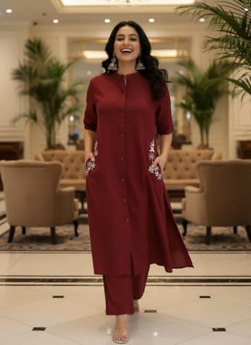 Image of MITZO Cotton Straight Kurta with Palazzo | Co-Ord Set for Women | Stylish Kurta Set for Women | Party & Casual Wear Kurti Set