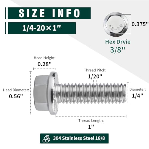Image of 1 /4-20 x 1 Flanged Hex Head Bolts Screws, 304 Stainless Steel 18-8, Full Thread, Coarse Thread, 20 PCS