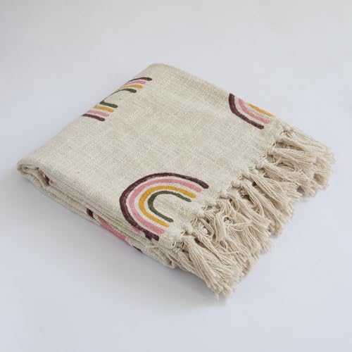 Image of Handwoven Cotton Sofa Throw Blanket with 2 pcs Cushion Covers Lightweight Decorative Couch & Bed Throw (Pack of 3, Rainbow Print)