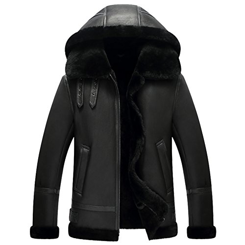 Hooded Shearling Jacket Mens B3 Flight Jacket Short Leather Jacket Mans Sheepskin Aviator Fur Coat (Black, XXL)