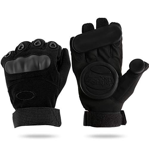 LOSENKA Skateboard Gloves with Sliders,Standard Longboard Downhill Slide Gloves Skate Gloves with 2 Slider Puck Set (Black)