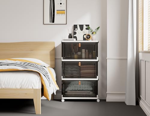 HOMIDEC Wardrobe Storage Organiser,3 Tier Stackable Clothes Storage Boxes with Wheels,Folding Drawers for Clothes,Cupboard Organiser for Bedroom Wardrobe Bathroom Kitchen,Grey 33L*3 Pack - Image 3