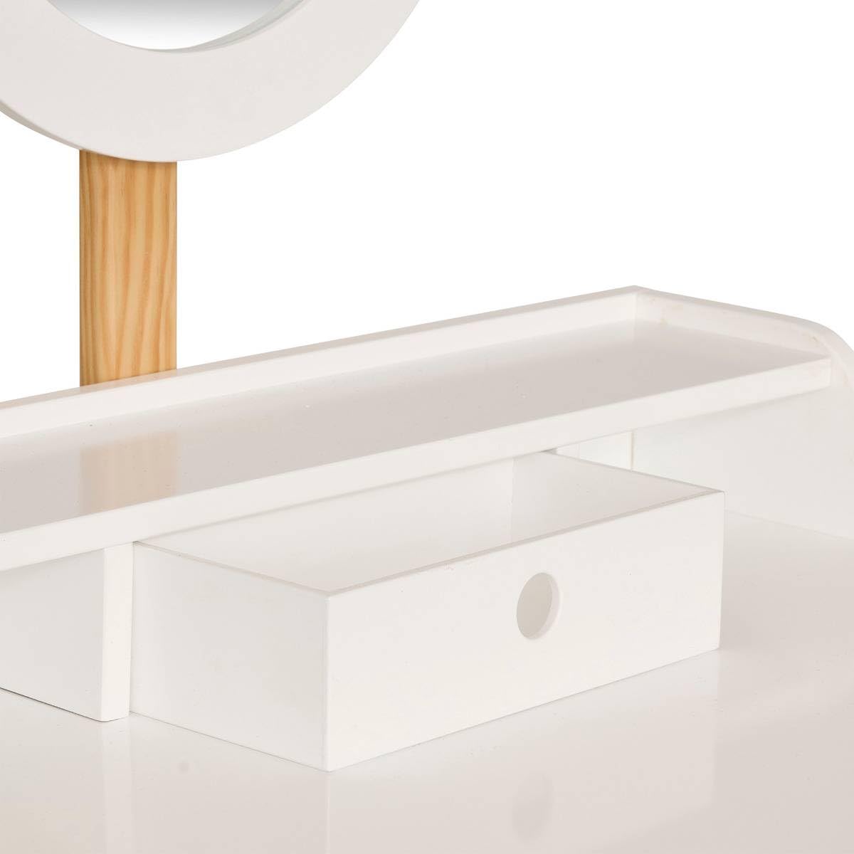 Atmosphera - Coiffeuse Enfant Bella - Blanc et Bois, L 61 x P 42 x H 89 cm, avec Tabouret, Miroir et Tiroir - pour Chambre d'enfant