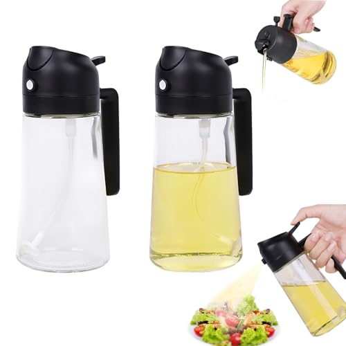 Glass Olive Oil Sprayer Dispenser Bottle for Kitchen, 2 in 1 Olive Oil Dispenser and Oil Sprayer 16oz/470ml for Cooking, Air Fryer, Salad, Barbecue, 2Pcs (Black)