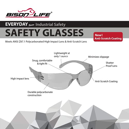 Image of BISON LIFE Clear Safety Glasses - ANSI Z87.1 Certified Scratch & Impact Resistant Eye Protection Goggles for Men & Women