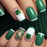24 Pcs St. Patrick's Day Press on Nails Green White French Tip Fake Nails Short Square Shaped False Nails with Shamrocks Design Glossy Full Cover Acrylic Nails for Women Nails Manicure Decoration