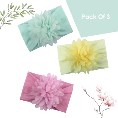 Image of SYGA PACK OF 3 Headbands Nylon Flower Soft Stretchable Hairband for Newborn Infant Toddler Kids For 0-3 Year (MediumPink-Beige Yellow-Turquoise)