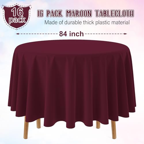 Image of 16 Pack Maroon Plastic Tablecloth for Round Tables, Premium Decorative Burgundy Disposable Table Cloths for Parties, Maroon Round Party Table Cover for Birthday Anniversary Graduation, 84 Inch
