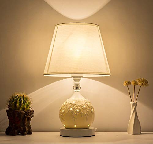 E27 Keramik Tischlampe Weiß Stoffschirm Art Vintage Schlafzimmer Nachttischlampen Moderne Einfache ländliche europäische Schreibtischlampe Vase Retro Antike Studieren Wohnzimmer Tischleuchte H:41CM Cover