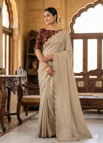 Image of Chinon Silk Saree with Embroidered Blouse, Traditional Georgette Saree, Elephant Embroidery Pattern, V-Neck Design, Free Size, Festival Wear