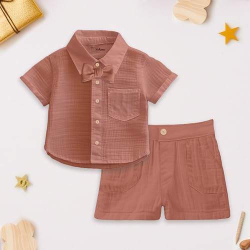 Image of Kidbea 100% Linen Shirt & Pant Co-ord Set for Kids | Elegant & Comfortable Summer Wear | Stylish Short-Sleeve Shirt with Bow & Comfy Shorts