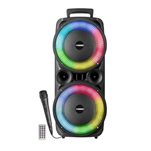 Fisher Bluetooth PA Stereo Speakers System-Karaoke Portable Wireless DJ, Dual 8″ 32W Peak Power, Loud HD Sound & LED Lights, Rechargeable, Subwoofer, USB, TWS, FM Radio, Indoor/Outdoor Party