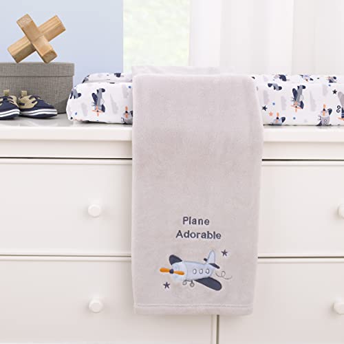 Image of Little Love by NoJo Soar High Little One Gray and Light Blue Airplane Super Soft Baby Blanket