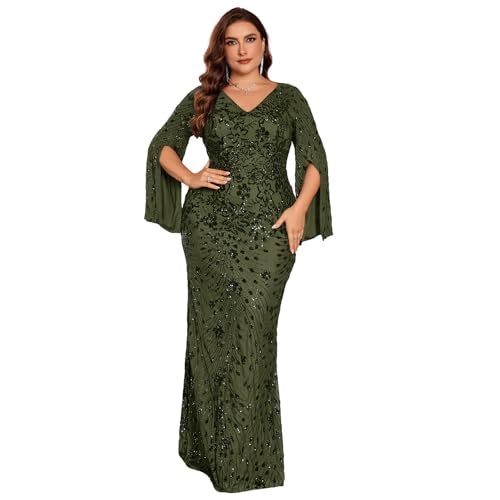 Image of Plus Size Formal Dresses for Women with Embroidery Sequin and Cape Sleeve, V-Neck Maxi Dress for Wedding and Party