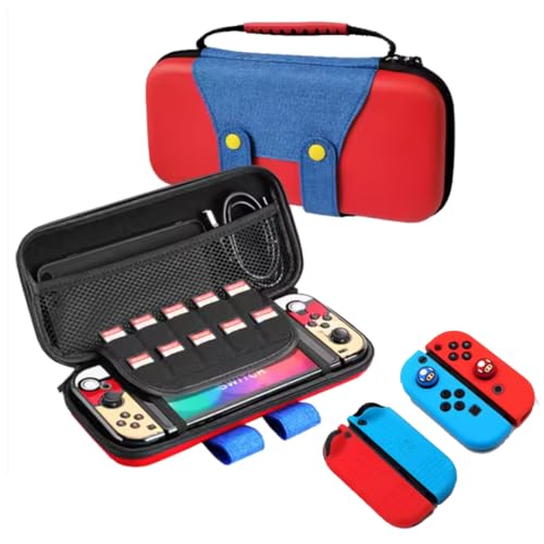 Funda Switch Compatible con Nintendo Switch y Switch OLED incluye REGALO 2 Fundas Silicona Suave y 2 botones Mario Rojo y Azul. Estuche Protector de Viaje portátil rígido con Bolsillos Almacenamiento