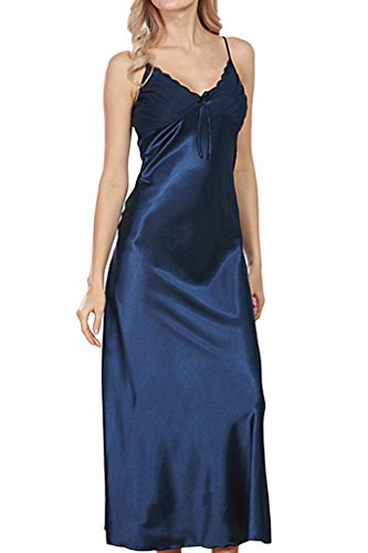 ASHER FASHION Women's Sexy Satin Long Nightgown Lace Slip Lingerie Chemise Robes Navy US 12 = Tag XL