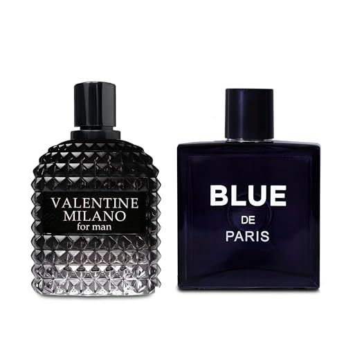 Image of AFLUXE 2PCS Valentine Milano /Blue De Paris Eau De Toilette for Men-Fresh,Romantic Scent Perfume for Men 3.4 Fl Oz Each Mens Cologne For All Skin Daily Used