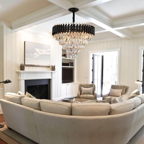 Image of Luxurious 600mm Black Gold Modern Chandelier with K9 Crystals | Warm White, Moonlight & Golden Light | Ceiling Hanging Light for Living Room, Dining Room, Bedroom, Hallway