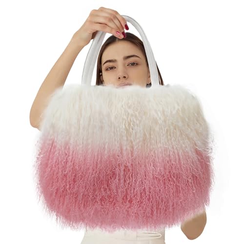 Image of Women Luxury Real Lamb Mongolian Flush Wool Fur With Genuine Leather Handles Handbag