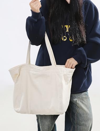 Image of Cotton Tote Handbag Women Canvas Crossbody Beach Bag Hobo Shoulder Tote Bag with 3 External Pocket,Zipper Closure