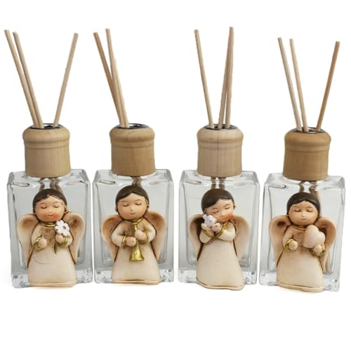 DLM-A632 Bomboniere 6 utili Profumatori in vetro cm 10x5x4 con tappi in legno e guarnizioni Angeli Angioletti in resina per Comunione Battesimo Cresima Compleanno Nascita Matrimonio