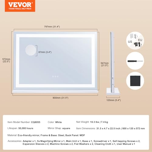 VEVOR Gran Espejo de Maquillaje Iluminado con Tres Modos de Iluminación de Color, LED Luces, Aumento de 5X, Puerto USB, Control Táctil Inteligente, Montaje en Pared de Escritorio, 800 x 120 x 572 mm - imagen 7