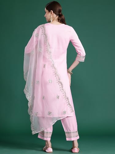 Image of INDO ERA Womens Silk Blend Embroidered Straight Kurta Pant Dupatta Set (KH9BP6006)