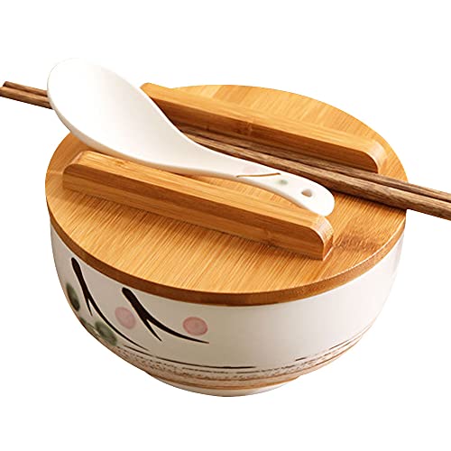 WHJY White Ceramic Bowl with Lid, Spoon, Chopsticks for Soup, Rice, Noodles. Japanese Traditional Style Tableware.