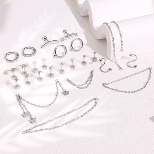REVOLIA 316L Stainless Steel Cartilage Earrings Set Huggie Hoop Earrings Pearl Flat Back Earrings for Women Cartilage Helix Earrings with Chain Dangle Conch Tragus Piercing Jewelry Set2