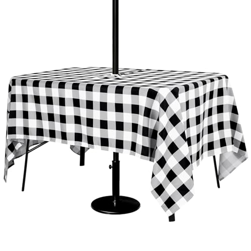Poise3EHome Rectangle Outdoor Tablecloth with Umbrella Hole and Zipper Black and White Gingham 84x60 Inch SpillProof Washable Table Cloth for Spring Summer Patio Garden Poolside Picnic Camping BBQS