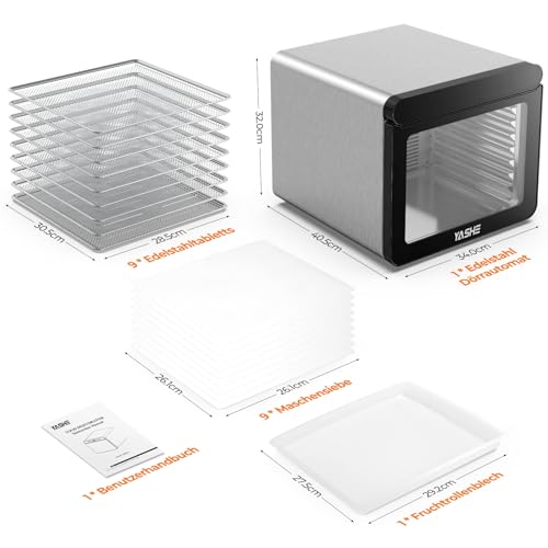 YASHE Edelstahl Dörrautomat mit digitaler Steuerung (Temperatur bis zu 75°C, Timer bis zu 48 Stunden), 9 Tabletts Dörrgerät für Obst und Gemüse, rückseitiger Ventilator für 360° Luftzirkulation, 800W – Bild 7