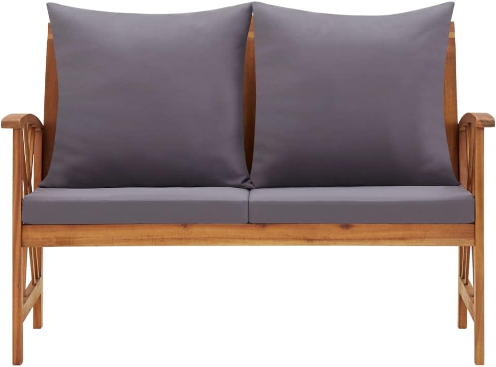 vidaXL Dark Gray Wooden Patio Bench with Cushions– 46.9" Solid Acacia Wood, Oil-Finished, Easy Maintenance, Comfortable Seating, Perfect for Outdoor Spaces Like Garden, Patio, Balcony