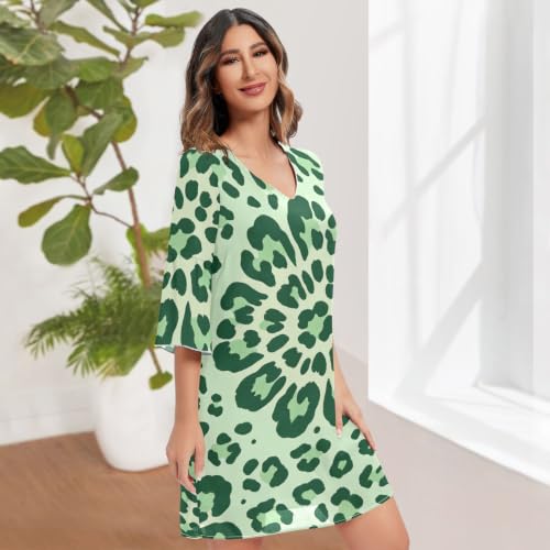 Vestido de gasa transpirable para evitar el calor con manga acampanada leopardo verde 3