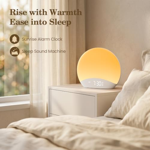 Image of REACHER Sound Machine Sunrise Alarm Clock with Night Light, 26 Nature Inspired Sleep Sounds, 0-100% Dimmable Clock, Sunrise Lamp, Wake Up Light, Brown /Pink /White Noise Machine for Babys, Adults, Kids