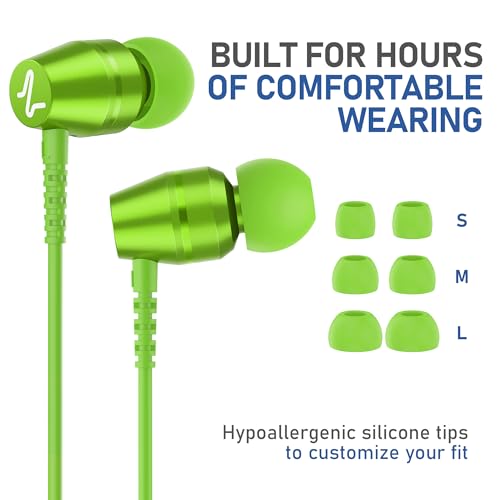 Image of LUDOS OMNITONE Wired Earbuds in-Ear Headphones, 5 Year Warranty, Earphones with Microphone, 3.5 mm Jack Corded Ear Buds, Videoconference for iPhone, Samsung, Laptop, Kids, School Students - Green