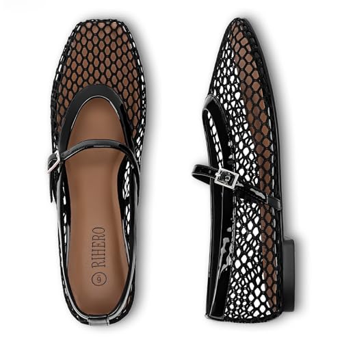 Rihero Mesh Ballet Flats for Women Comfortable Square Toe Ballerina Flats Buckle Strap Casual Fishnet Flat Shoes3