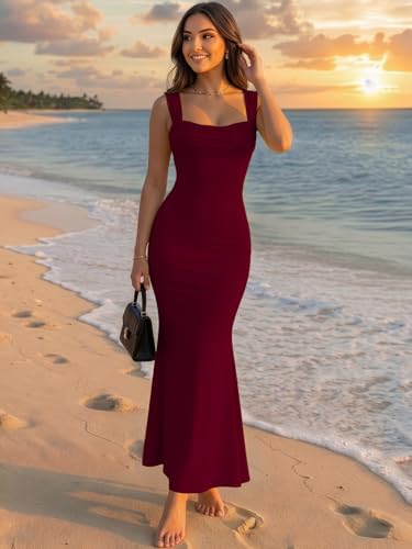 Image of Aahwan Solid Square Neck Bodycon Mermaid Hem Sleeveless Maxi Dress for Women's & Girl's