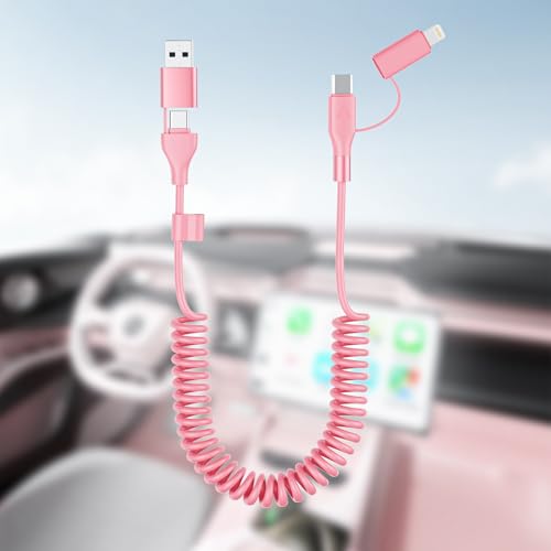 Coiled Carplay 4-in-1 USBA/Type C to USB-C/Lightning Cable Multi Combo for Apple Carplay&amp; Android Auto,60W Fast Charge&amp;Data Sync Car Charger Cord for iPhone 15/14/13/12,Samsung,Android-Pink