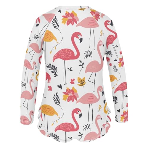 Flamingo Leaf Pattern Girls Long Sleeve Swimsuit Rash Guard One Piece Bathing Suits Zipper 3-12T3
