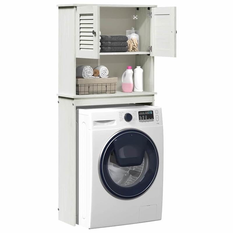 Stylowy regał do przechowywania pralki z litego drewna sosnowego z półką – 72,5 x 27 x 161 cm – idealny organizer łazienkowy i pralniczy na detergenty i akcesoria do pralki