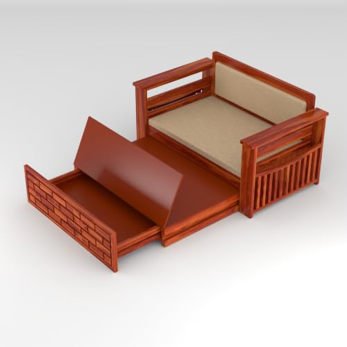 Image of Solid Sheesham Wood Sofa Cums Bed with Mattress & Storage | Rosewood Convertible Sofa Bed for Living Room & Bedroom (E-Honey, 2 Seater)
