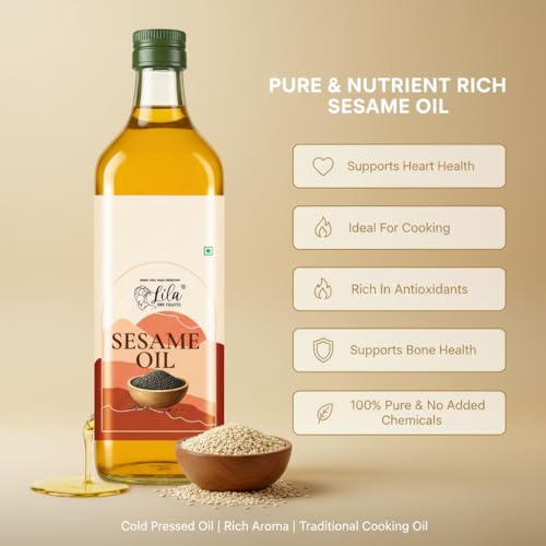 Image of LILA DRY FRUITS Sesame Oil 1 L (500 ML x 2) Gingelly Oil for Cooking, Tempering & Traditional Recipes | Natural Til ka Tel for Daily Kitchen Use Cold Pressed Seseme Oils Cholesterol Free Goodness of Omega 6