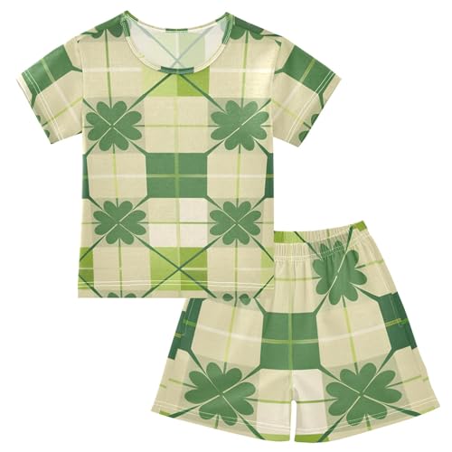 Summer Pajama Set Four-leaf Clover Checked Seamless Pattern, Short Sleeve Sleepwear Nightwear